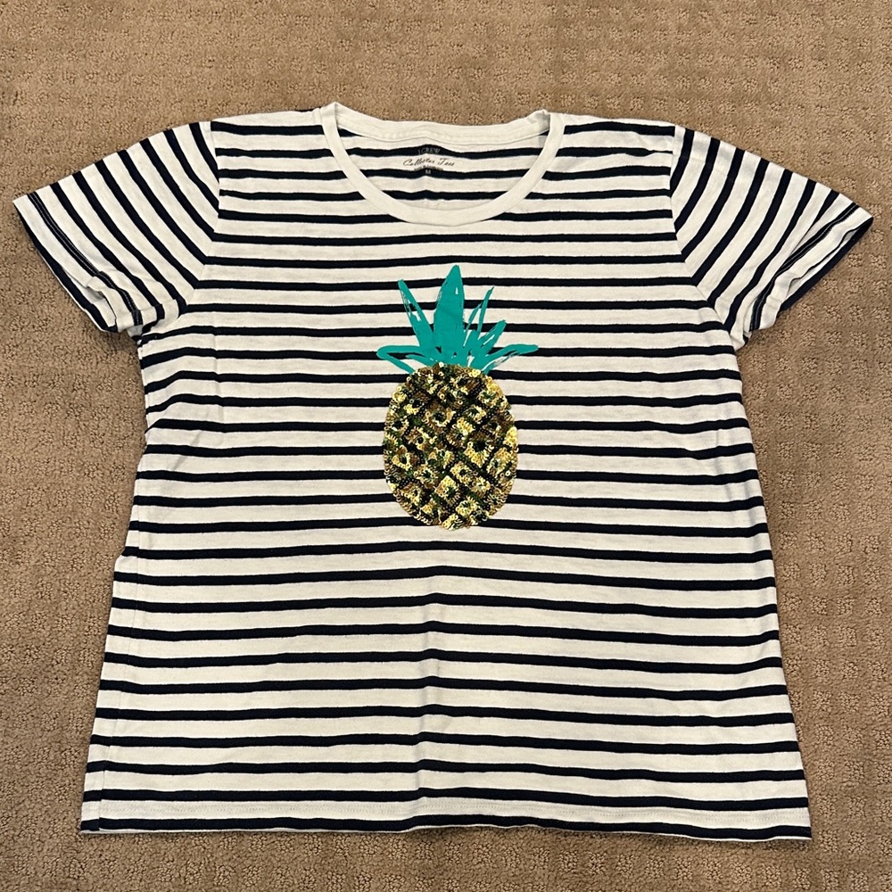 J. Crew Black and White Striped Tee with Pineapple